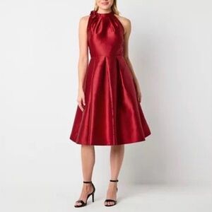 Danny & Nicole Womens Sleeveless Red Halter Midi Fit + Flare Dress 14